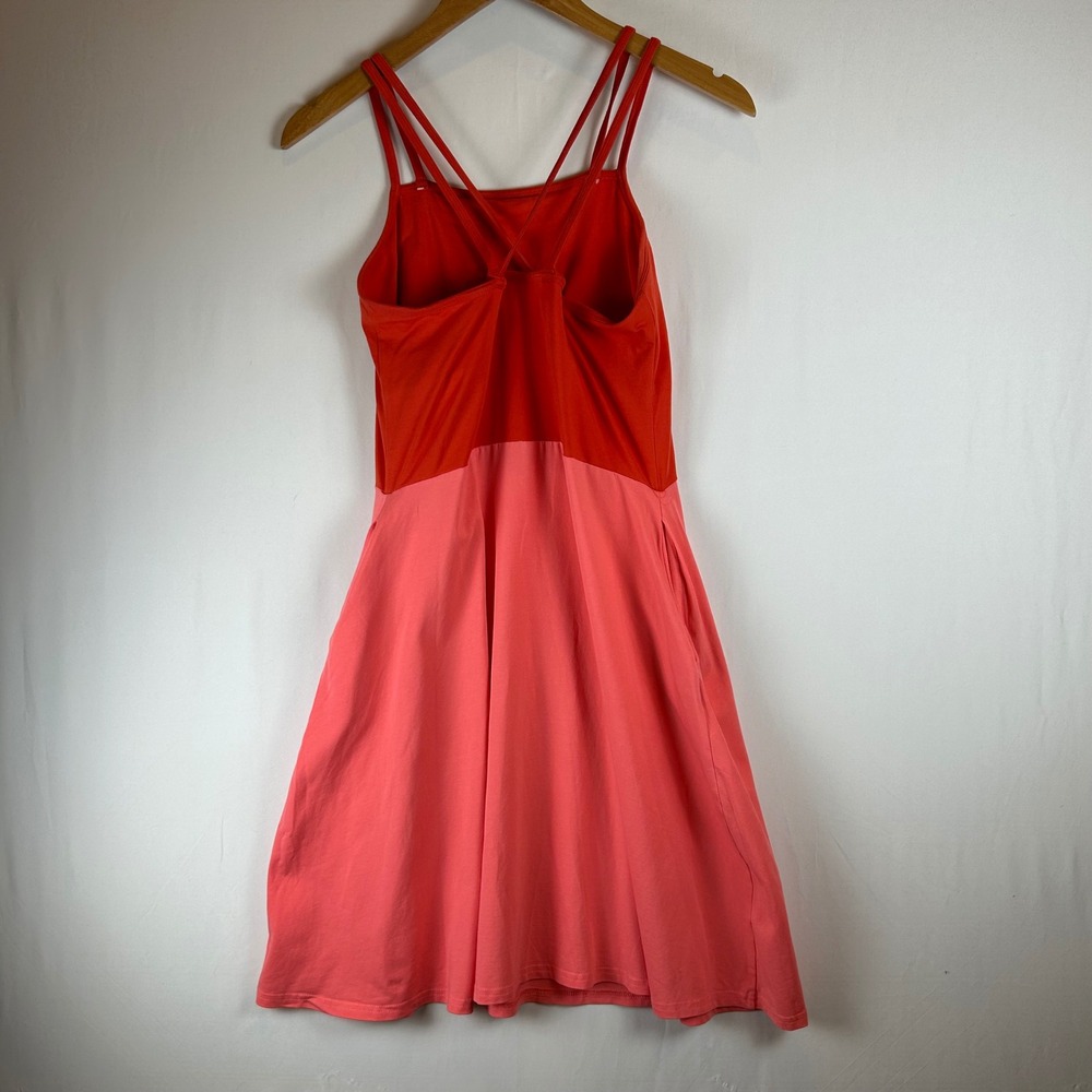 Pact Organic Cotton Colorblock Fit and Flare Dress Orange Pink Strappy Back L - Picture 2 of 11